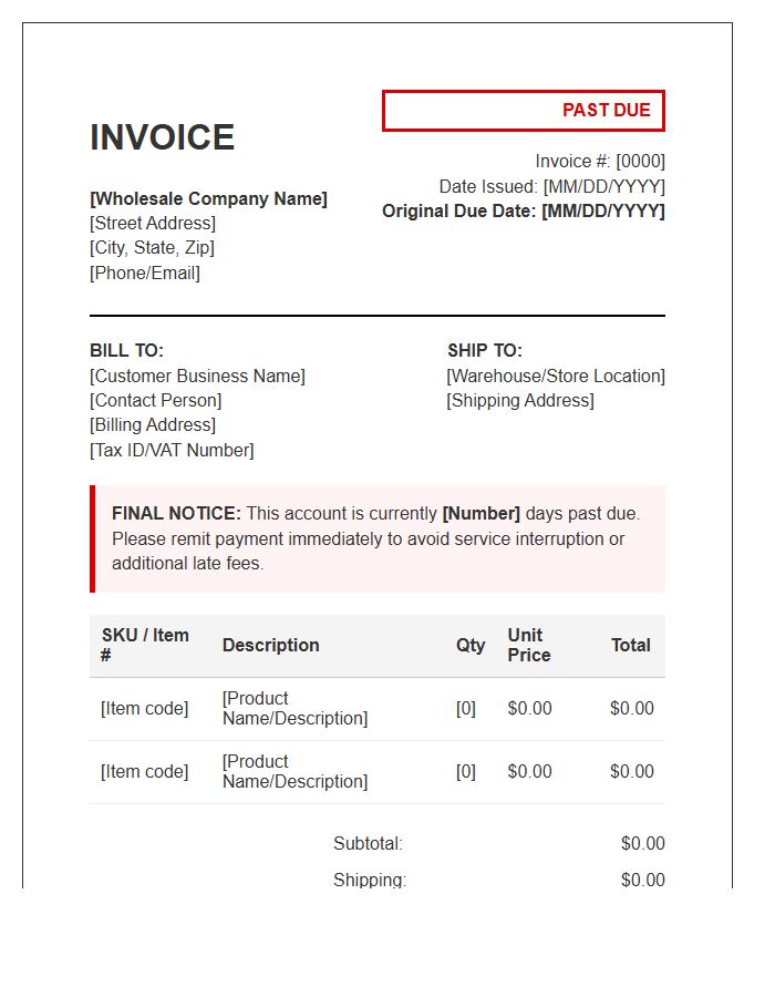 Wholesale Overdue Account Invoice Template