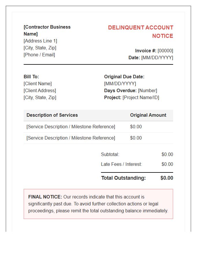 Contractor Delinquent Account Invoice Template