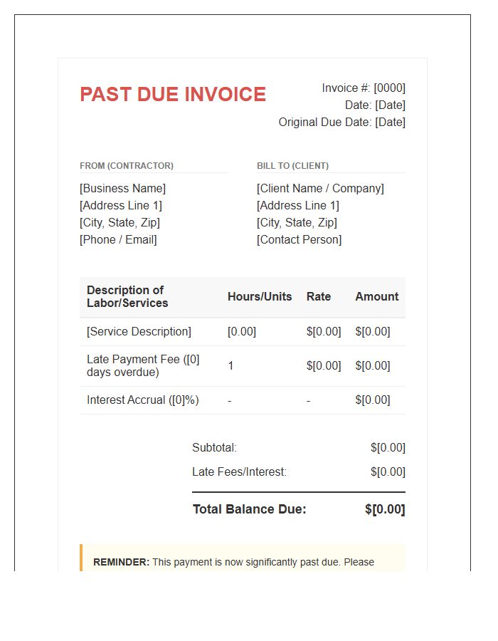 Labor Contractor Late Payment Invoice Template