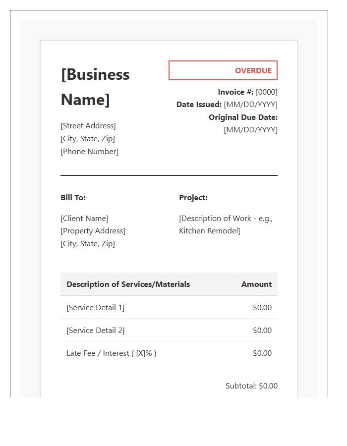 Residential Contractor Overdue Invoice Template
