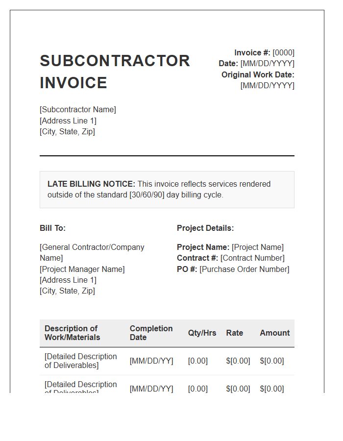 Subcontractor Late Billing Invoice Template