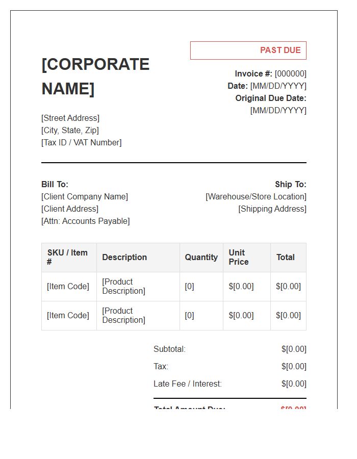 Corporate Wholesale Past Due Invoice Template