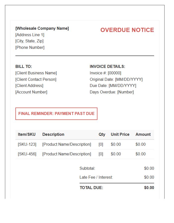 Wholesale Business Overdue Invoice Template