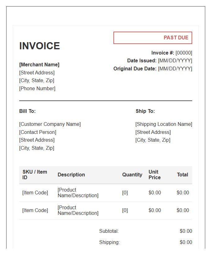 Wholesale Merchant Past Due Invoice Template