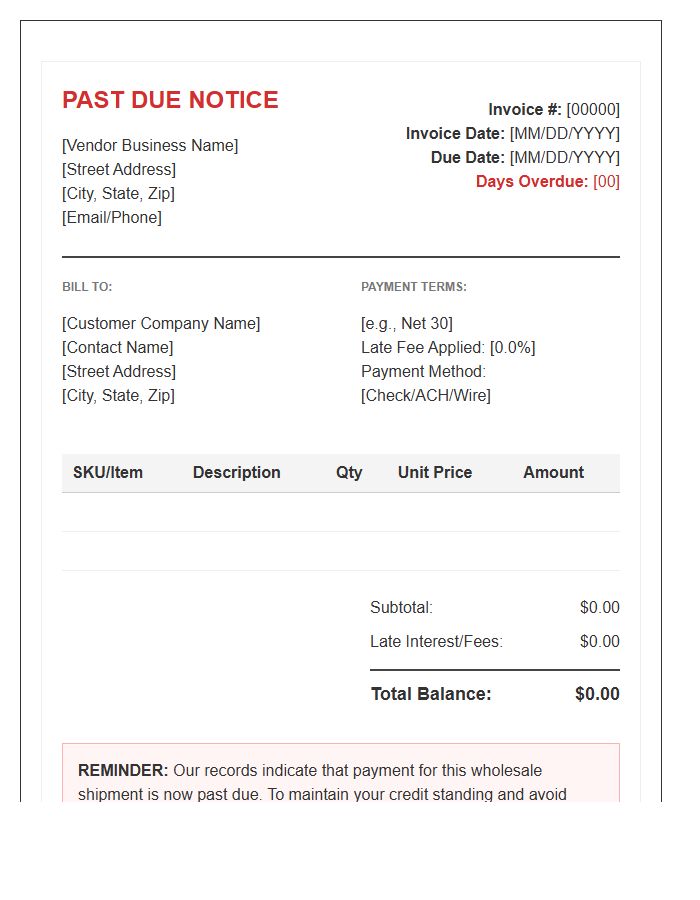Wholesale Vendor Past Due Invoice Template