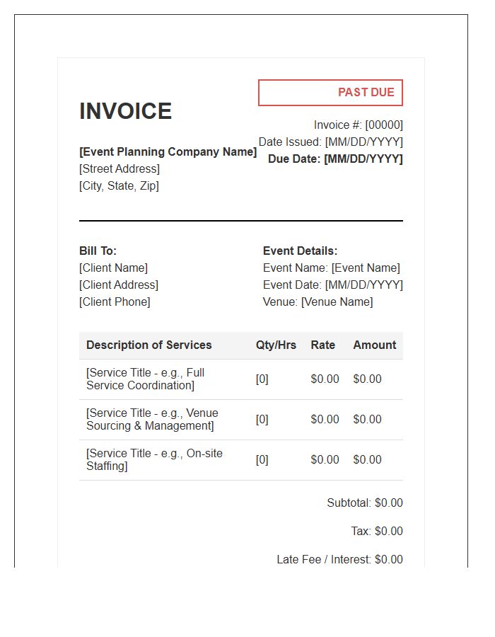 Event Planning Service Past Due Invoice Template