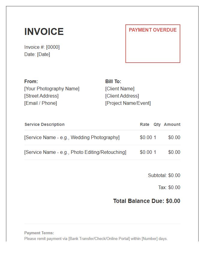 Photography Service Unpaid Invoice Template