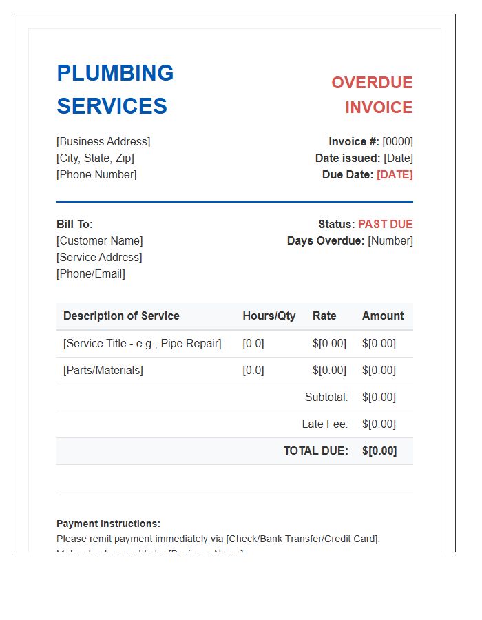 Plumbing Service Overdue Invoice Template