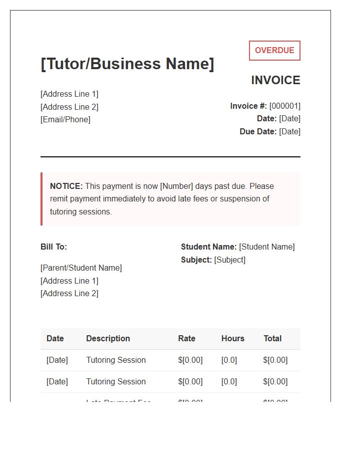 Tutoring Service Overdue Invoice Template
