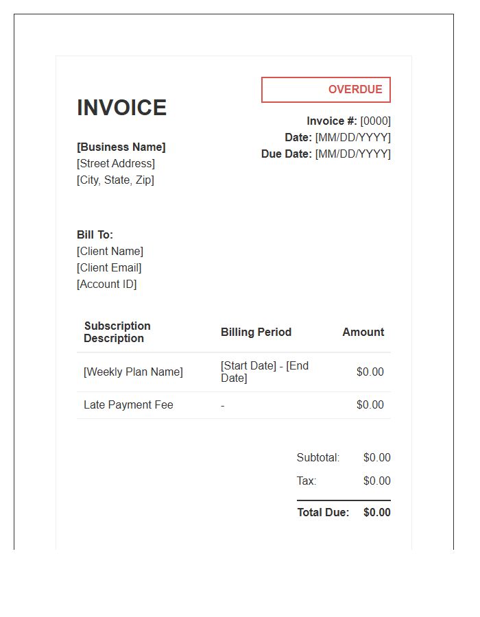 Weekly Subscription Overdue Invoice Template