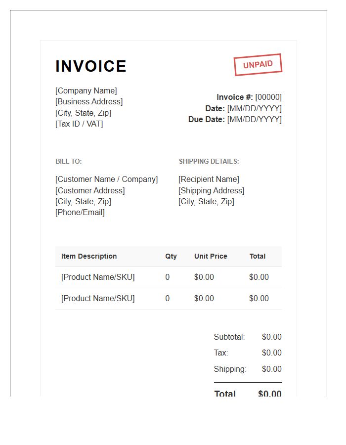 Commercial Retail Unpaid Invoice Template