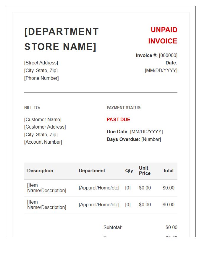 Department Store Unpaid Invoice Template