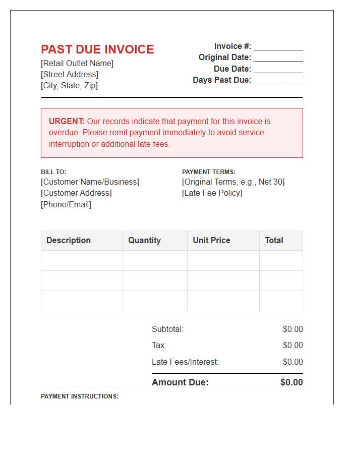 Retail Outlet Past Due Invoice Template