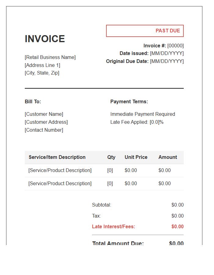 Retail Service Late Invoice Template