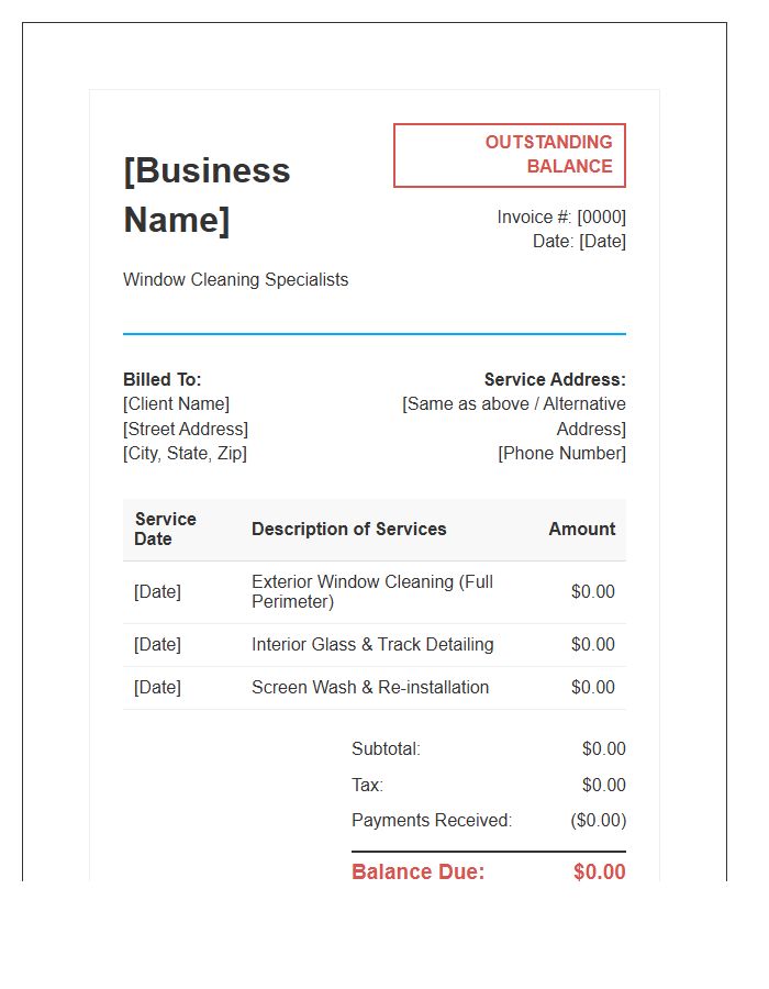 Window Cleaning Outstanding Balance Invoice Template