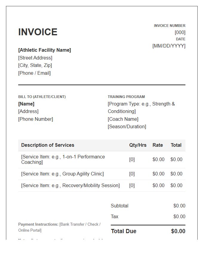 Athletic Performance Training Invoice Template