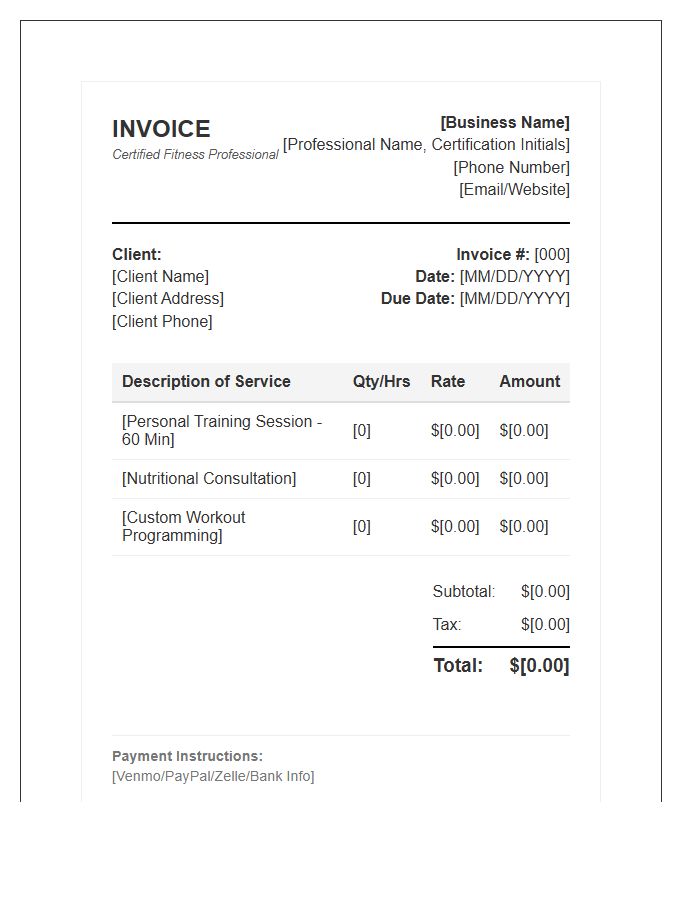 Certified Fitness Professional Invoice Template
