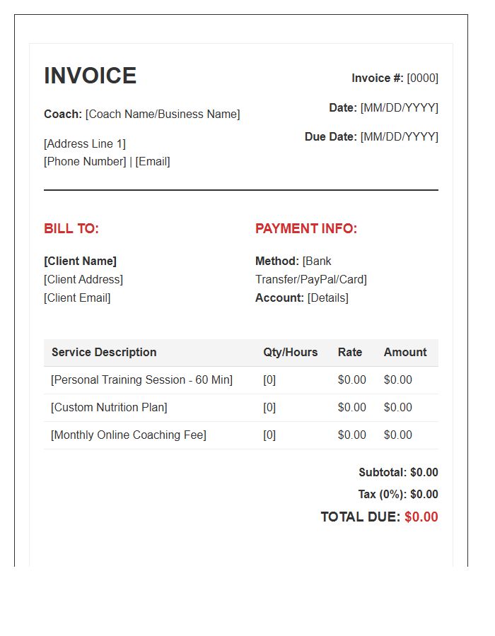 Fitness Coach Service Invoice Template