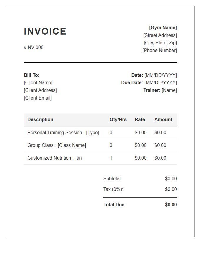 Gym Training Session Invoice Template