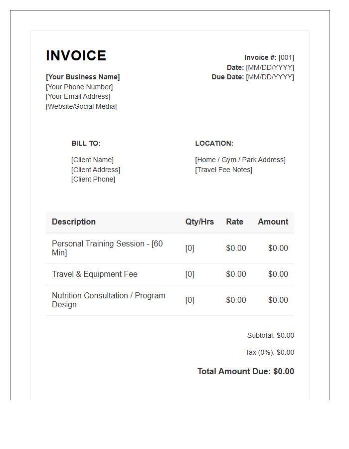 Mobile Personal Trainer Invoice Template