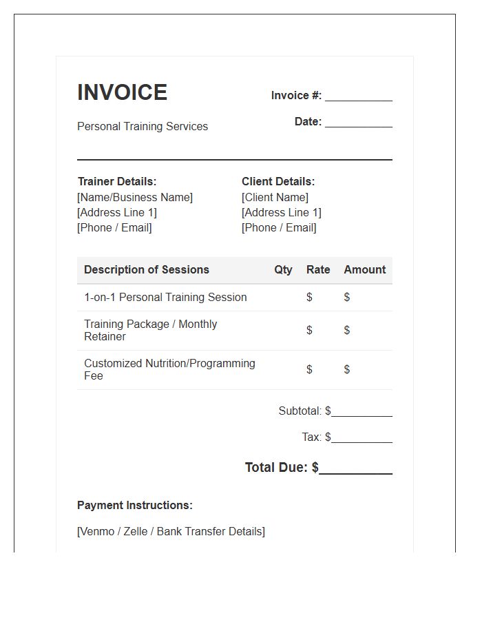 One On One Personal Training Invoice Template