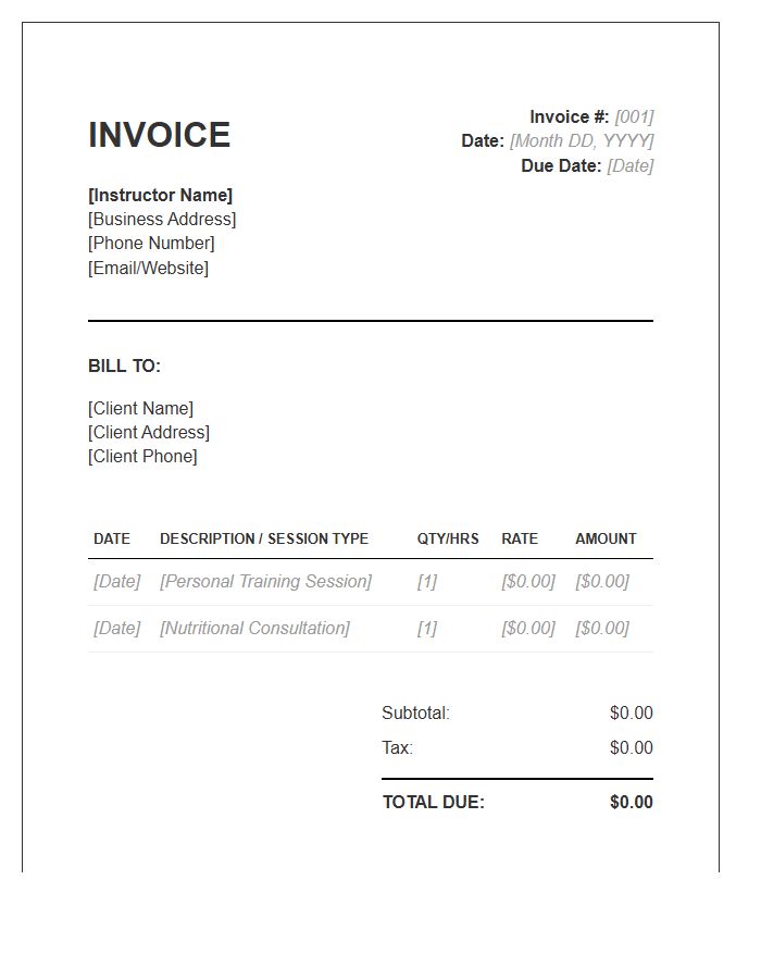 Private Fitness Instructor Invoice Template