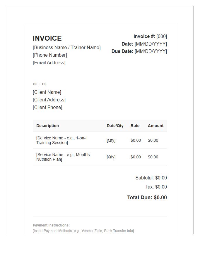 Professional Personal Training Invoice Template