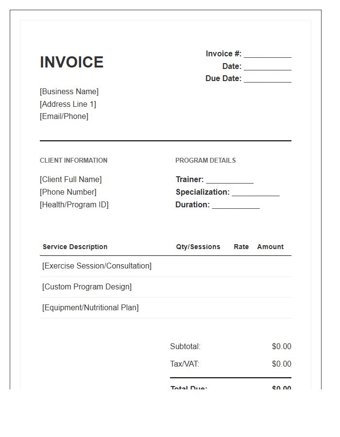 Specialized Exercise Program Invoice Template