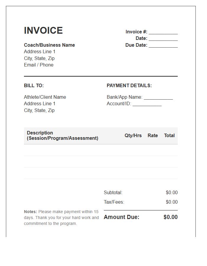 Strength And Conditioning Coach Invoice Template