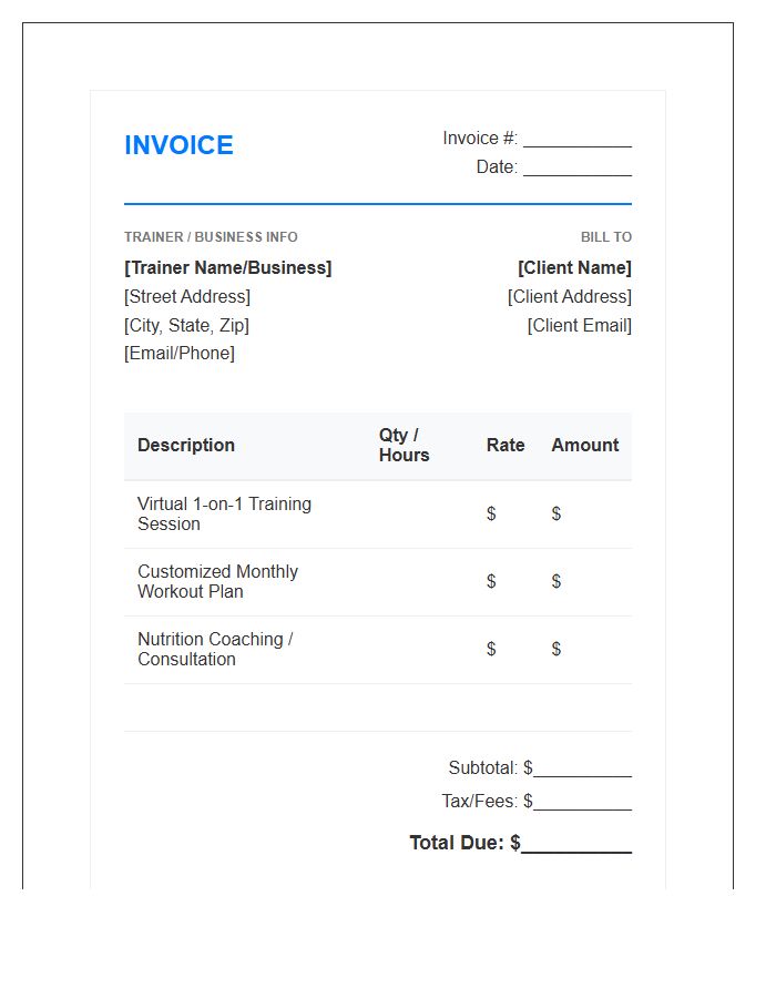 Virtual Personal Trainer Invoice Template