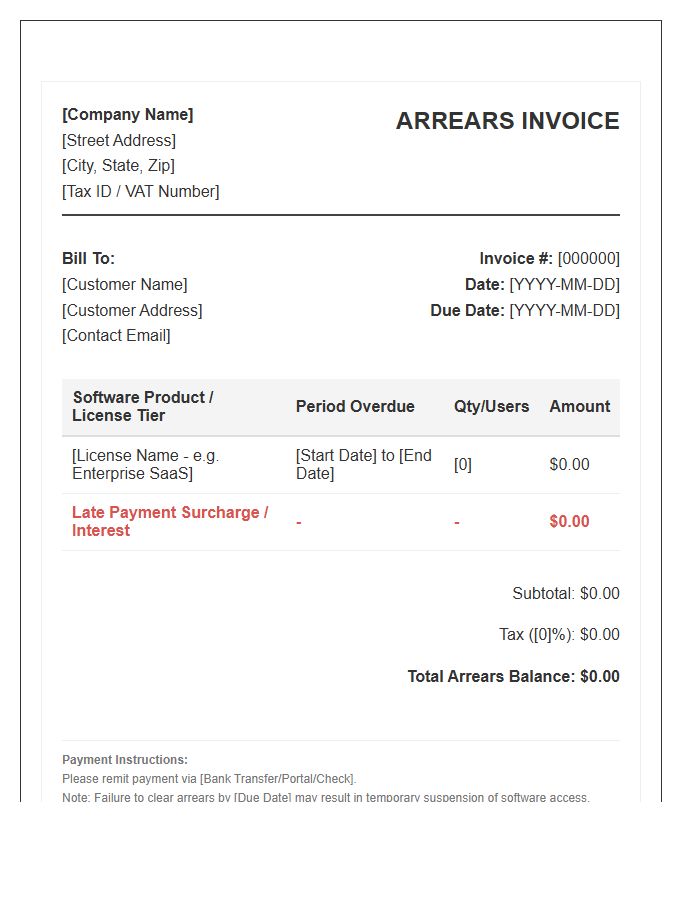 Business Software License Arrears Invoice Template