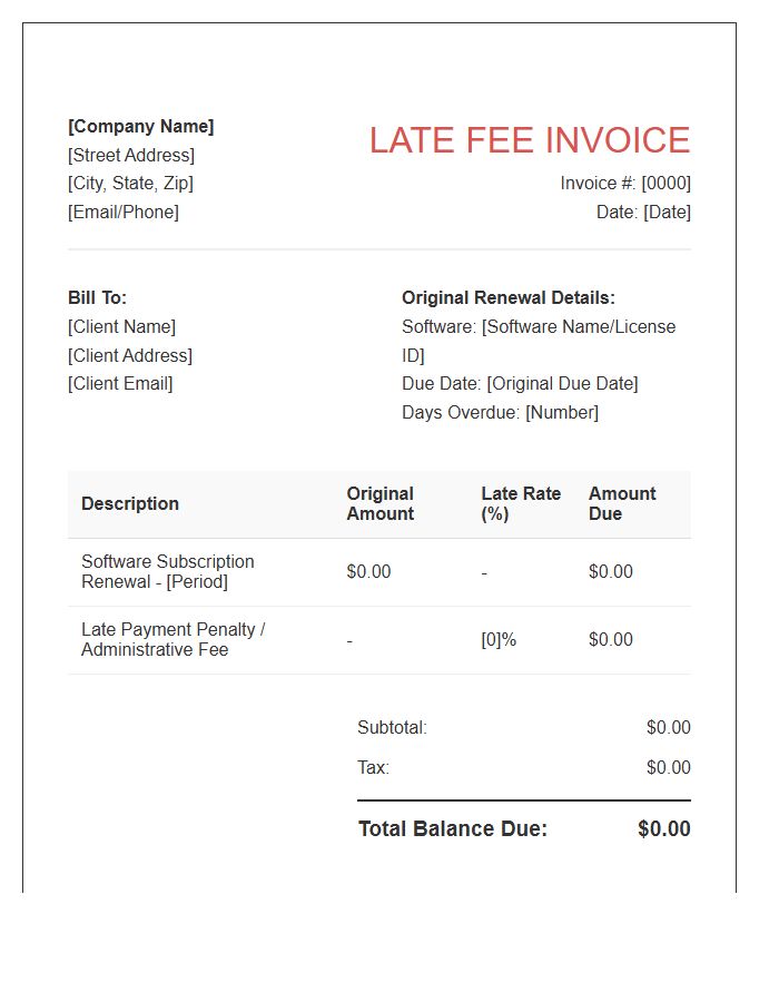 Late Software Renewal Fee Invoice Template