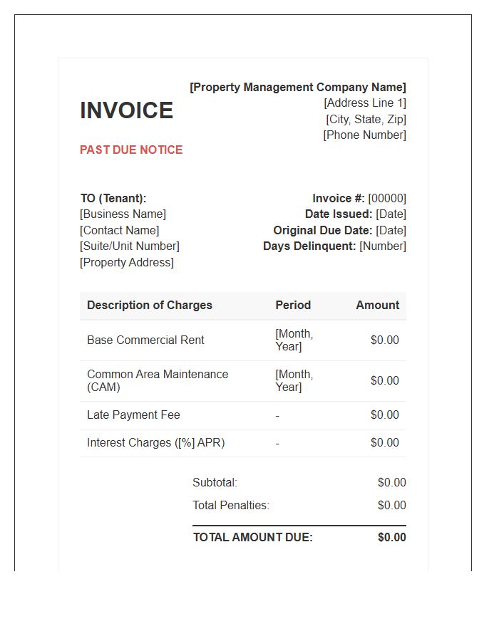 Commercial Lease Delinquency Property Management Invoice Template