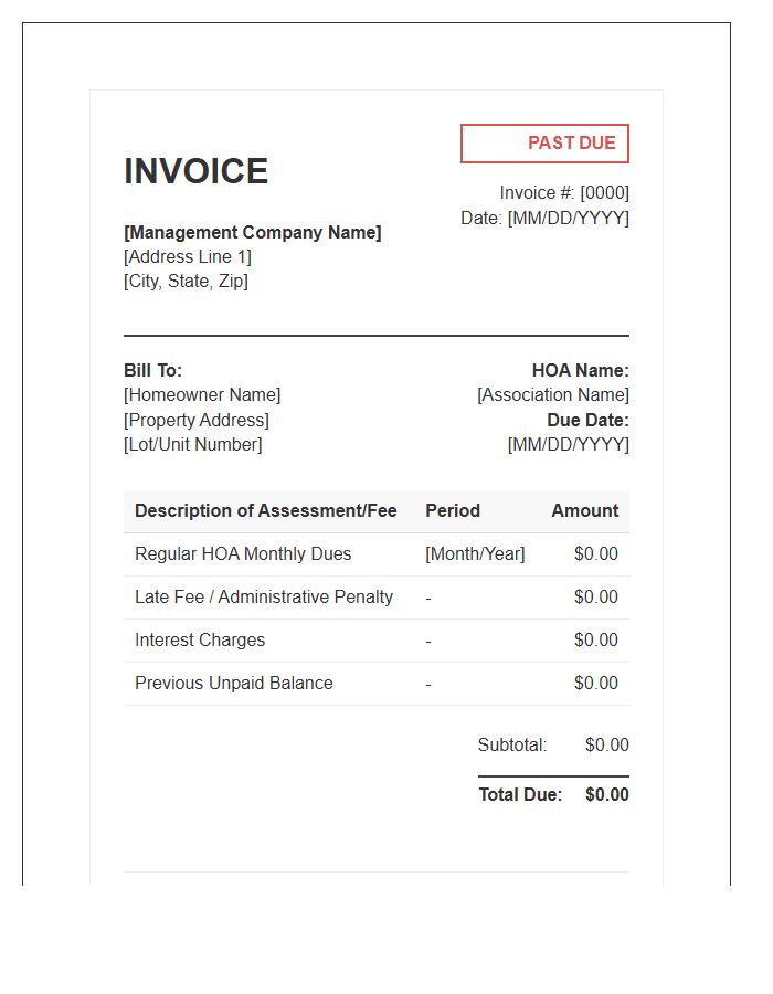 HOA Dues Past Due Property Management Invoice Template