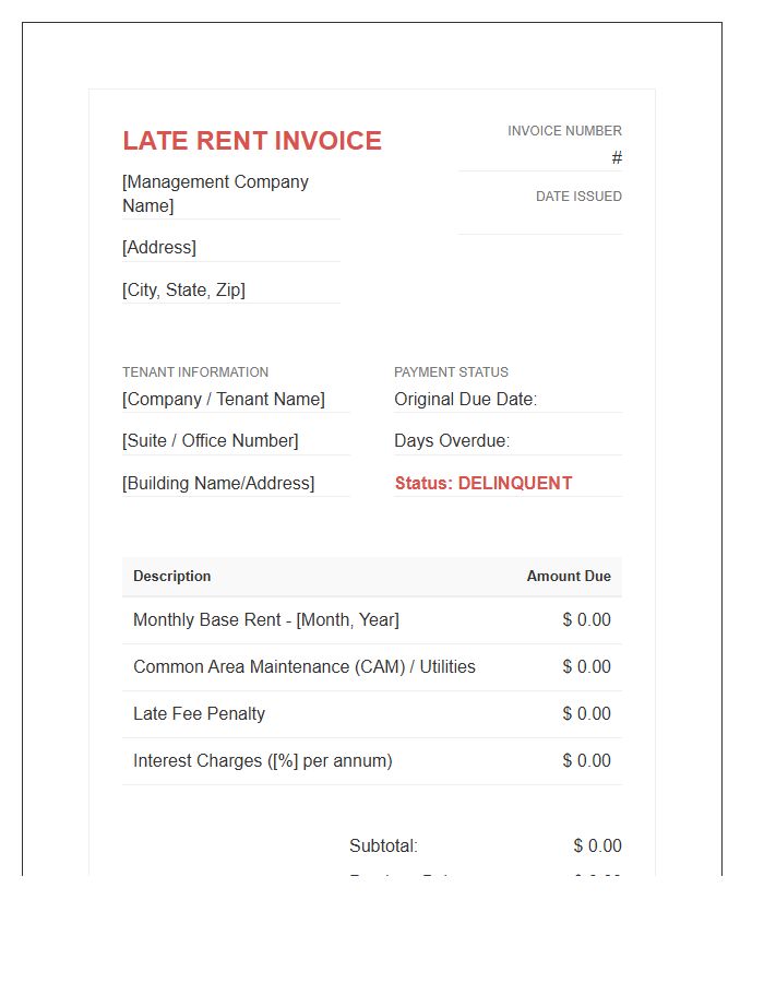 Office Building Management Late Rent Invoice Template