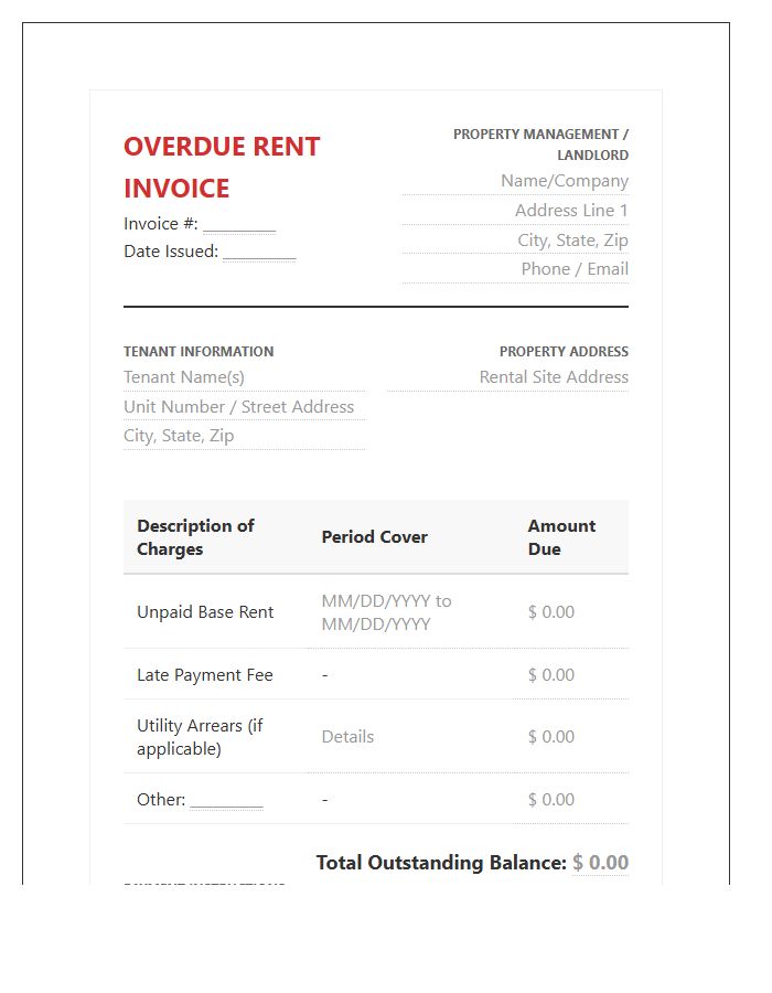 Residential Rental Property Overdue Rent Invoice Template