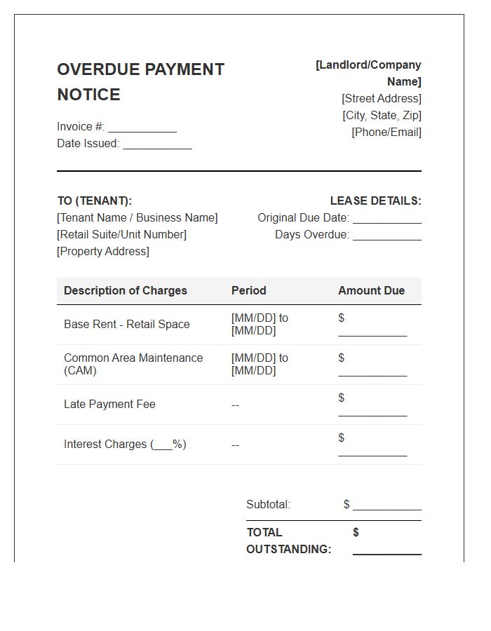 Retail Space Lease Overdue Payment Invoice Template
