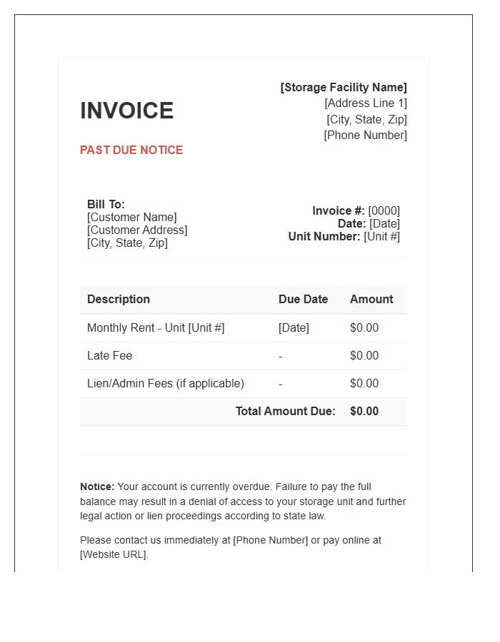 Self Storage Unit Overdue Rent Invoice Template