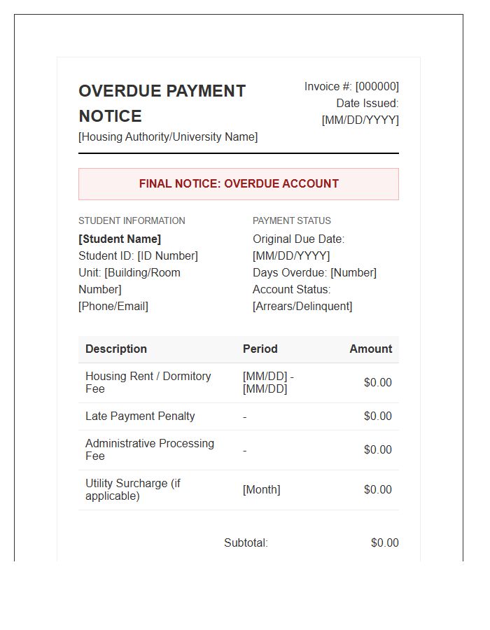 Student Housing Overdue Payment Management Invoice Template