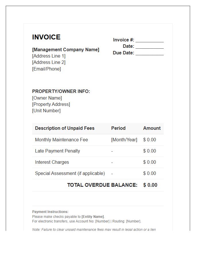 Unpaid Maintenance Fees Property Management Invoice Template