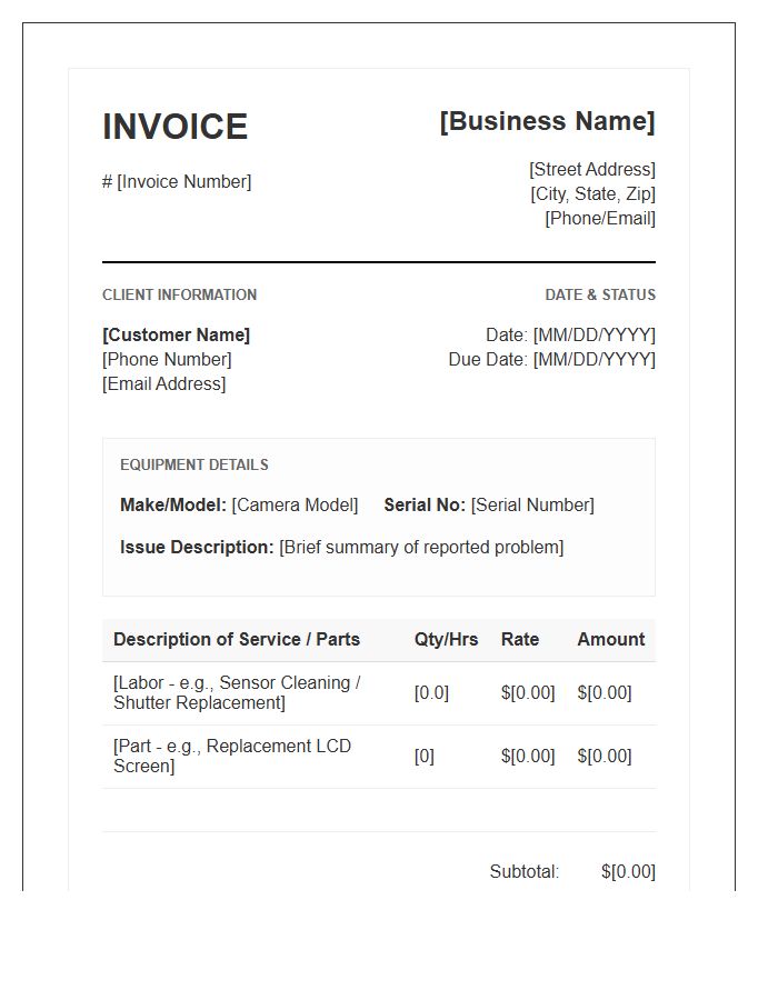 Camera Repair Service Invoice Template