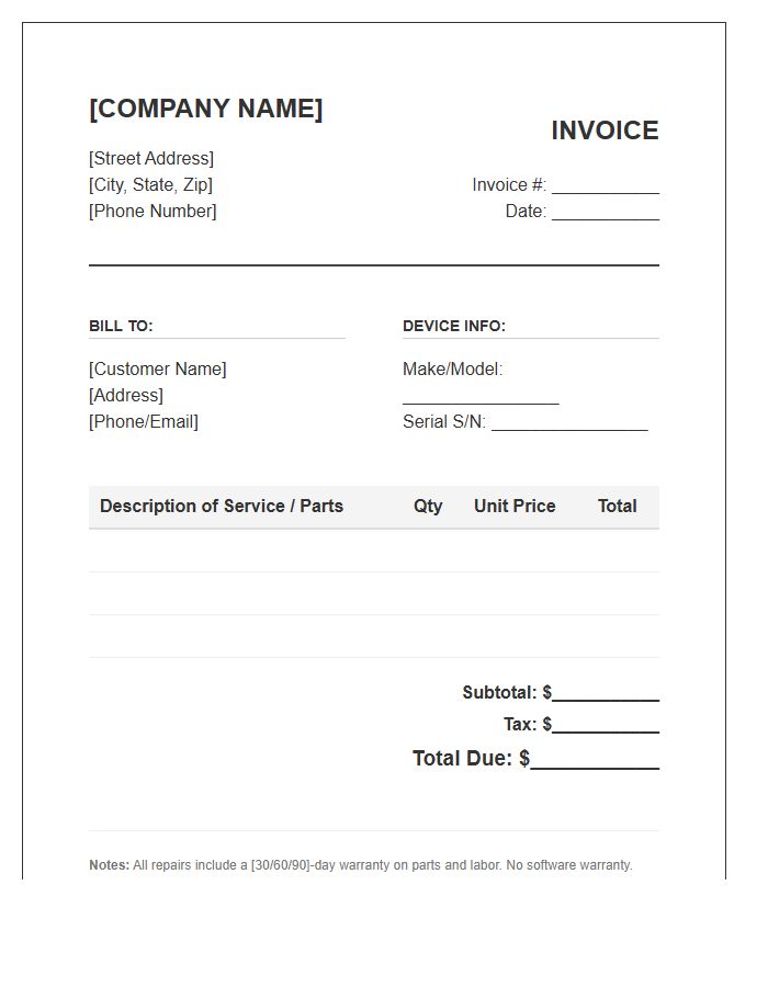 Computer Repair Service Invoice Template