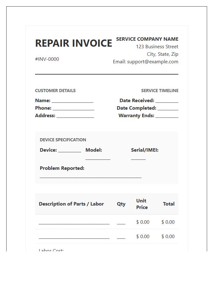 Consumer Electronics Repair Service Invoice Template