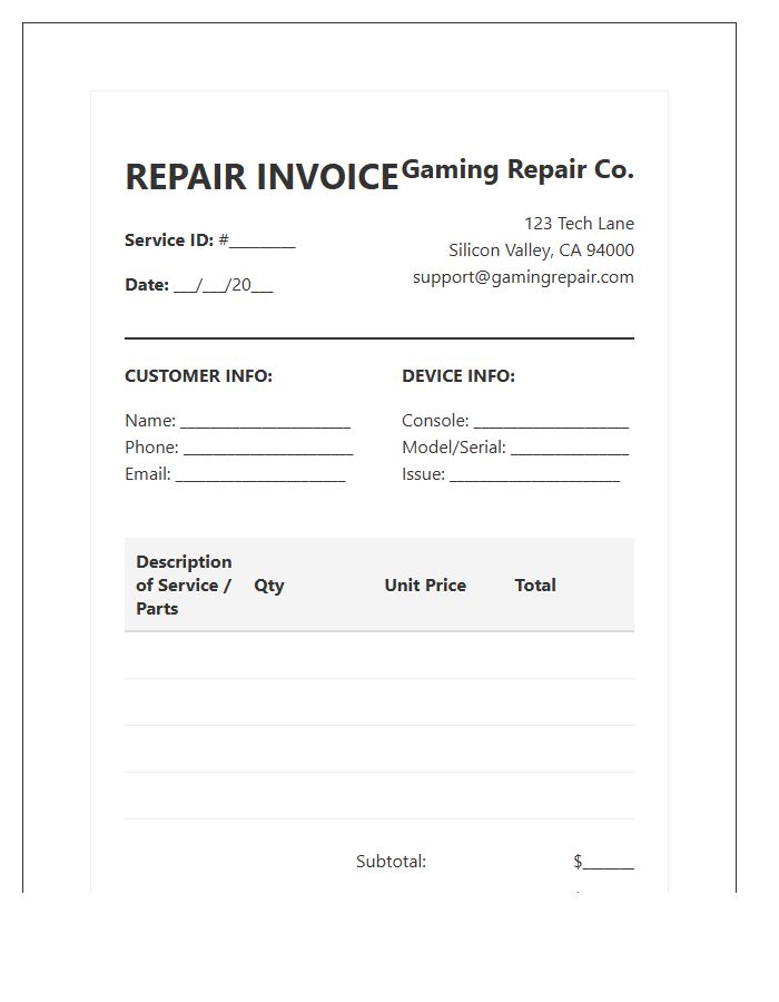Gaming Console Repair Service Invoice Template