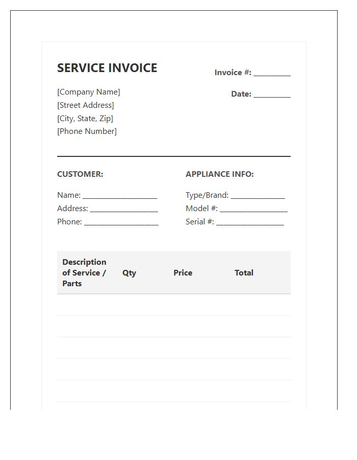 Home Appliance Repair Service Invoice Template