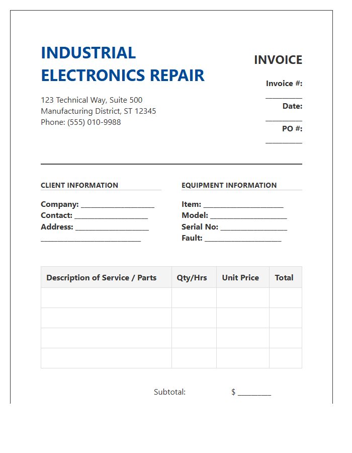 Industrial Electronic Repair Service Invoice Template