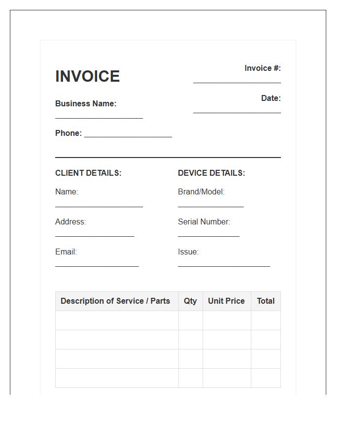 Laptop Repair Service Invoice Template