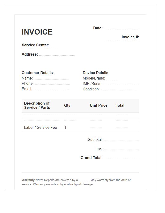 Mobile Phone Repair Service Invoice Template