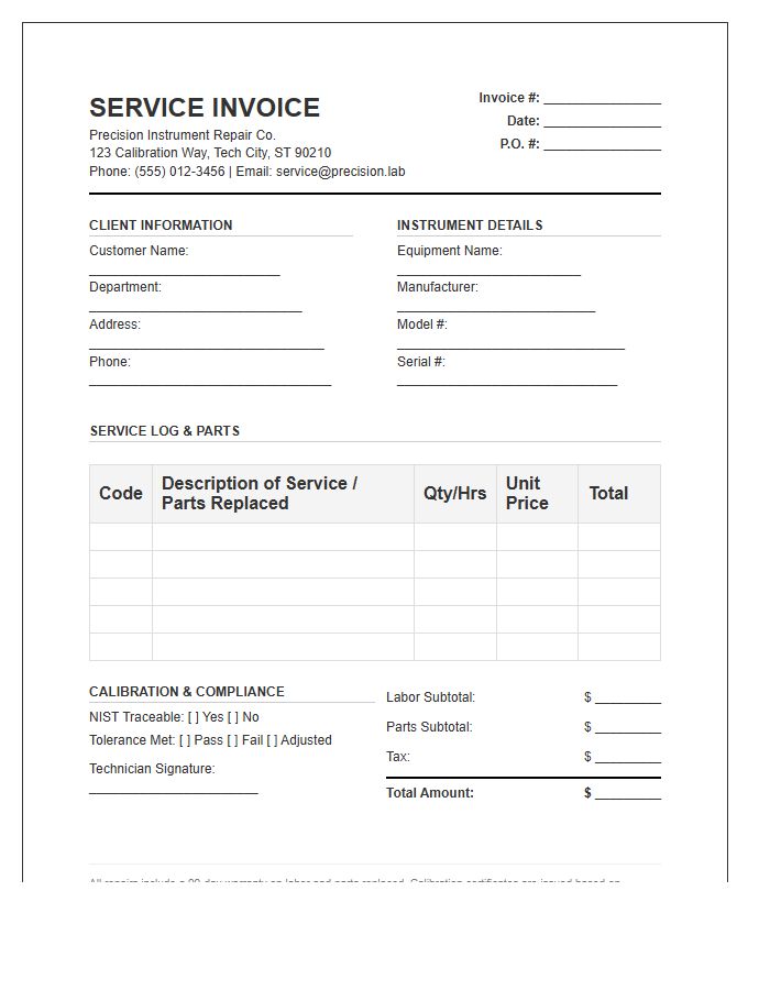 Precision Instrument Repair Service Invoice Template