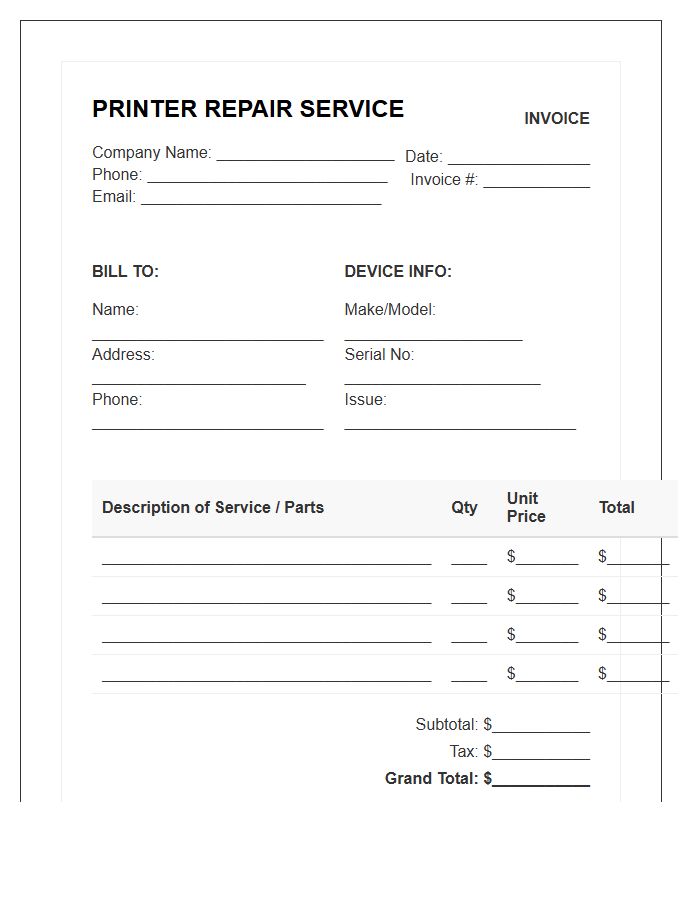 Printer Repair Service Invoice Template